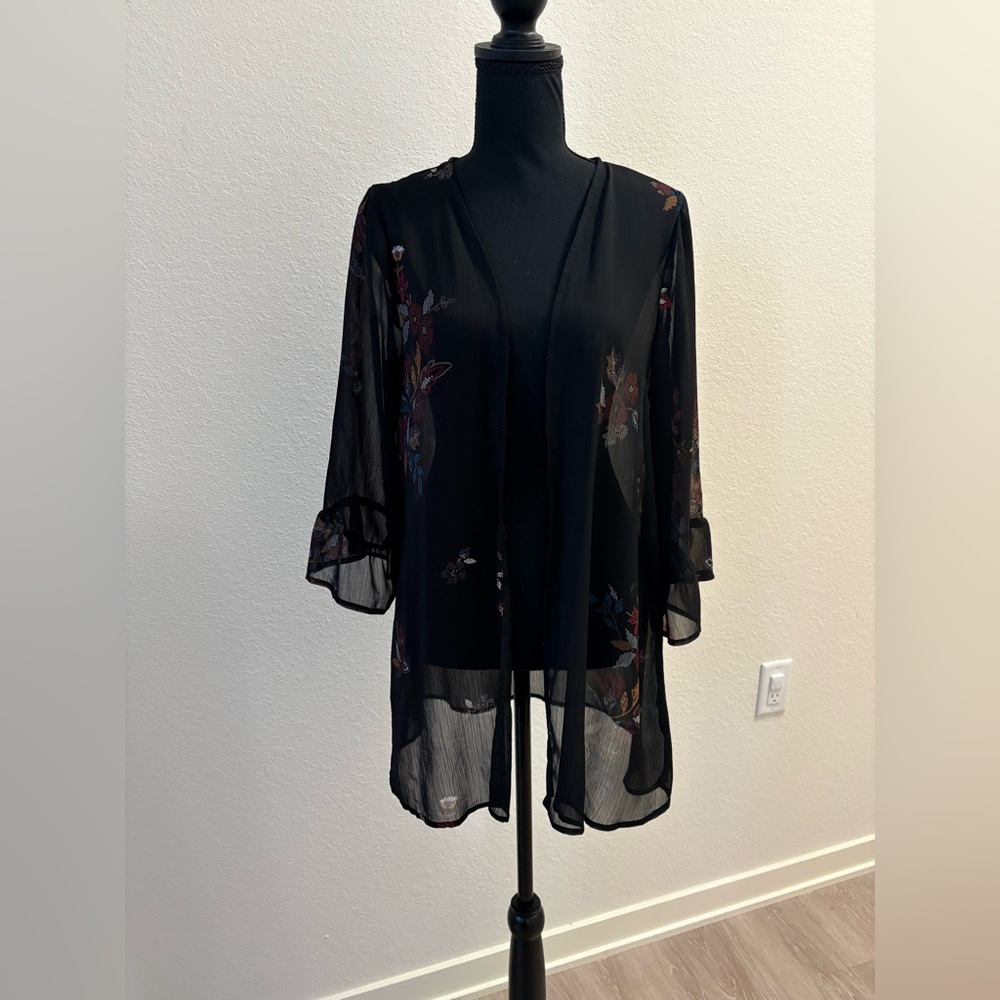 SOLD Black Sheer Cardigan with Printed Cross-Stitch Pattern